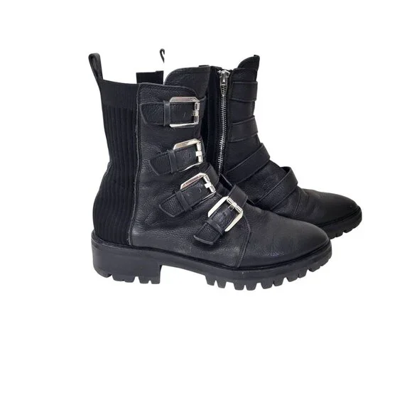 Dolce Vita Black Leather Combat Boots With Buckle Straps & Side Zipper Rugged Lu - Picture 2 of 8